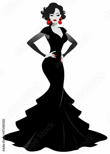 Elegant silhouette of a glamorous woman in a floor-length gown, shop logo fashion woman, white silhouette diva. Company logo design, Beautiful luxury cover girl retro, vector isolated