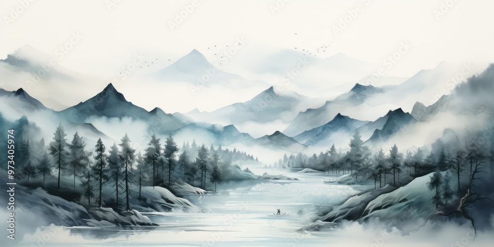 Tranquil misty mountain scene Tranquil misty mountain scene