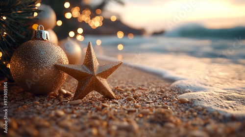 Tropic Christmas ornaments on magic exotic sandy beach against ocean background at golden hour. Happy holidays and festive celebration concept. Creative Christmas and new year banner with copy space