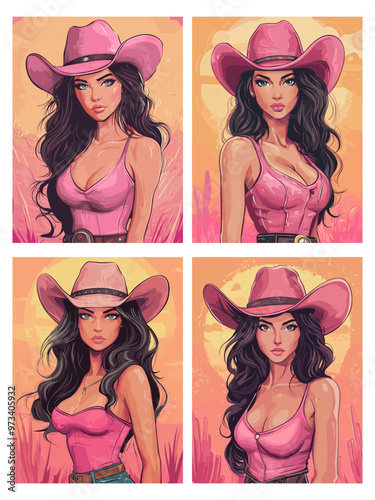 Cowgirls posters. Cute woman in pink cowboy hat, western beauty adult brunette wild west country aesthetic, set vector illustration