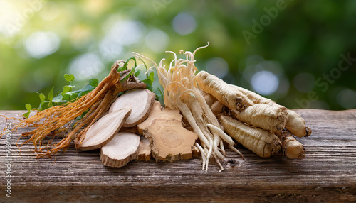 Ginseng Root, Codonopsis Root, Astragalus Root, White Peony Root , close too each other on a wood table photo