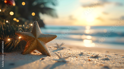 Tropic Christmas ornaments on magic exotic sandy beach against ocean background at golden hour. Happy holidays and festive celebration concept. Creative Christmas and new year banner with copy space