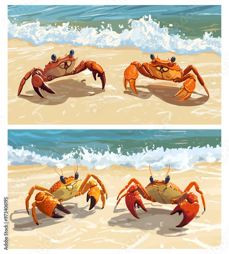 Crabs on shore. Cute crustaceans on sand beach backgrounds, cheerful red crab claws animal on seascape coastline, set vector illustration