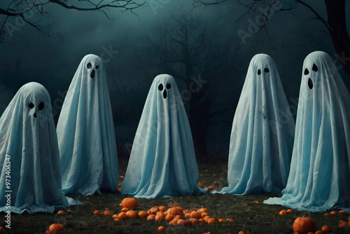 niños fantasmas para el día Halloween en una noche oscura 