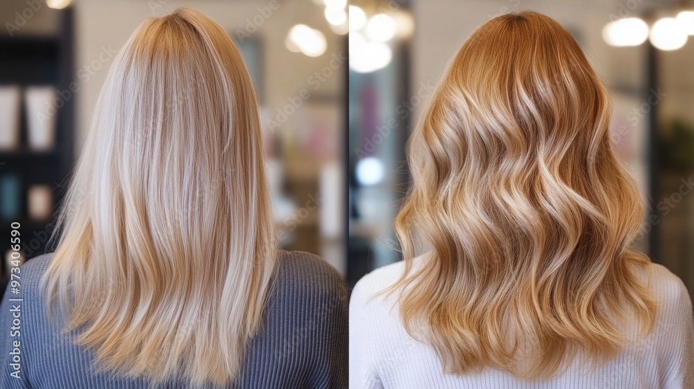 Fototapeta premium Curly Hair Makeover: A Girl’s Journey from Straight to Curly with Professional Salon Treatment, Highlighting the Dramatic Before and After Change