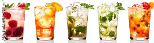 Refreshing Iced Beverages, A vibrant display of assorted iced drinks in clear glasses, set against a pristine white backdrop, evoking a sense of cool refreshment and simplicity. photo