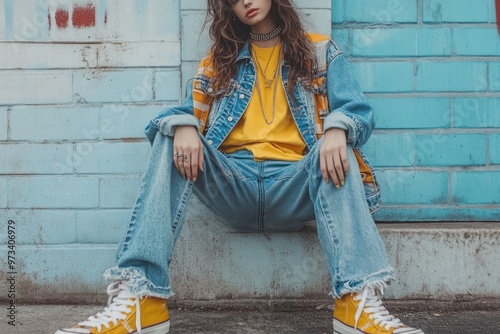 Woman in a Yellow T-Shirt and Denim Jacket Sitting on a Curb photo