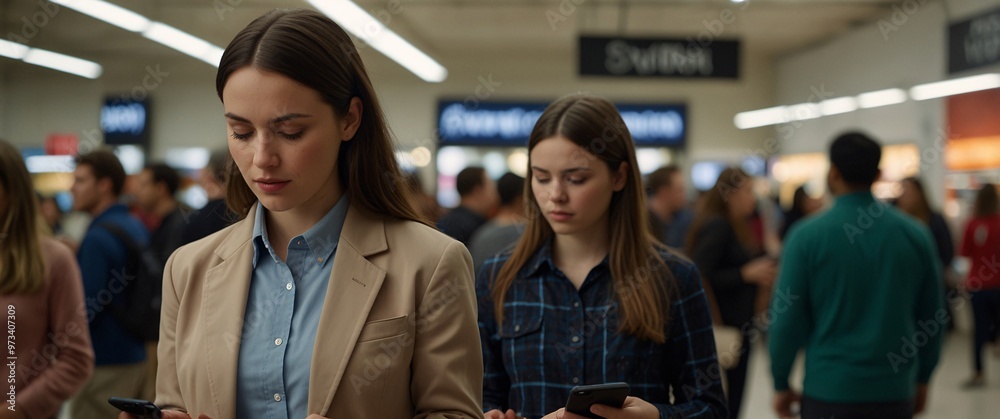 Lost in the Digital Crowd: Two young women, engrossed in their phones, navigate a bustling city scene, highlighting the pervasive nature of technology in modern life. Lost in the Digital Crowd: Two young women, engrossed in their phones, navigate a bustling city scene, highlighting the pervasive nature of technology in modern life.