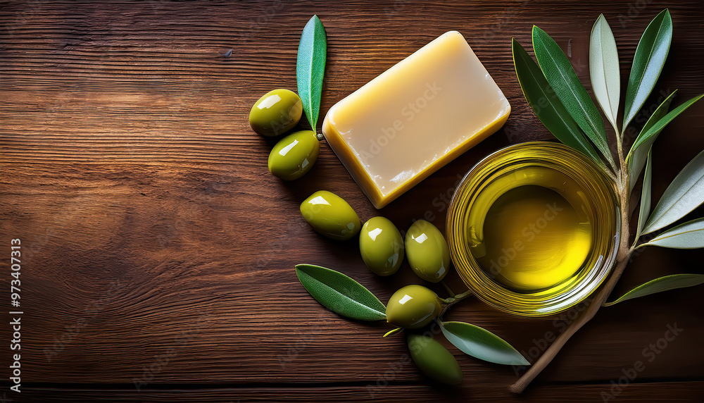 Olive, olive Oil and flower, with a soap, on a wooden table. organic textile with copy space Olive, olive Oil and flower, with a soap, on a wooden table. organic textile with copy space