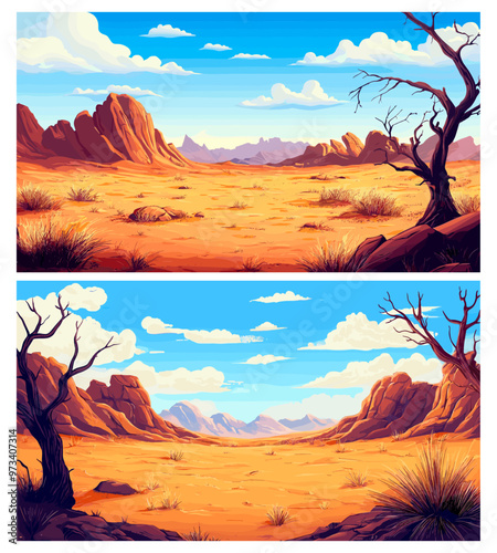 Deserts. Wilderness dry landscape background, Mexican or African sand desert barren hill high temperature nature, set vector illustration