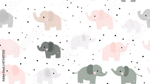 This delightful pattern features cute baby elephants in pastel pink, grey, and sage green against a white background adorned with polka dots, ideal for playful creations SEAMLESS PATTERN photo