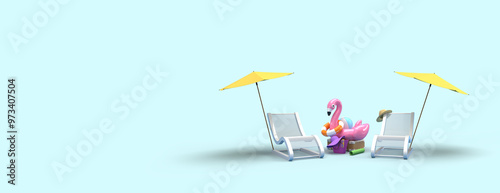 A chaise longue, an umbrella from the sun. A suitcase, a ball, a circle and a flamingo for swimming. 3d on the theme of travel, recreation, tickets, the sea. Blue background.