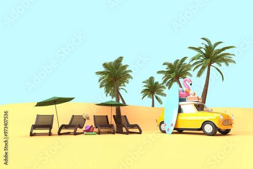 A yellow vintage car on the beach. On the roof there is a suitcase, a ball, a circle and a flamingo for swimming. Surfboard, palm trees. 3d on the theme of travel, recreation, tickets, the sea.