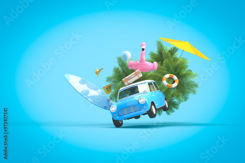 The blue vintage car is flying. On the roof there is a suitcase, a ball, a circle and a flamingo for swimming. Surfboard, palm trees. 3d on the theme of travel, recreation, tickets, the sea.