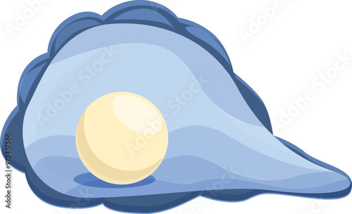 Blue open oyster containing a white shiny pearl is depicted in this cartoon seafood illustration