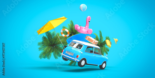 The blue vintage car is flying. On the roof there is a suitcase, a ball, a circle and a flamingo for swimming. Surfboard, palm trees. 3d on the theme of travel, recreation, tickets, the sea.