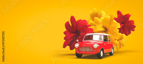 Bright red and yellow flowers. A red vintage compact car on a background of flowers. 3d rendering on the topic of postcards, wallpaper, cars, spare parts, promotions, marketing. Minimal style.