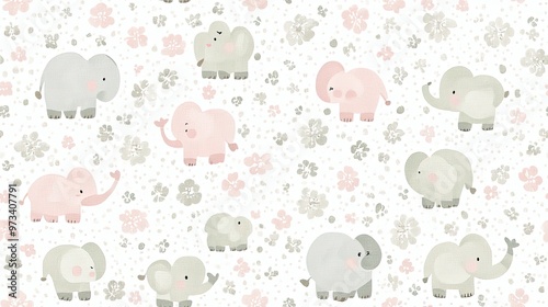 This delightful pattern features cute baby elephants in pastel pink, grey, and sage green against a white background adorned with polka dots, ideal for playful creations SEAMLESS PATTERN