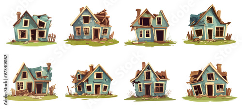 Destroyed houses. Ruined abandoned home, destroyed demolished living architecture building with broken windows, set vector illustration