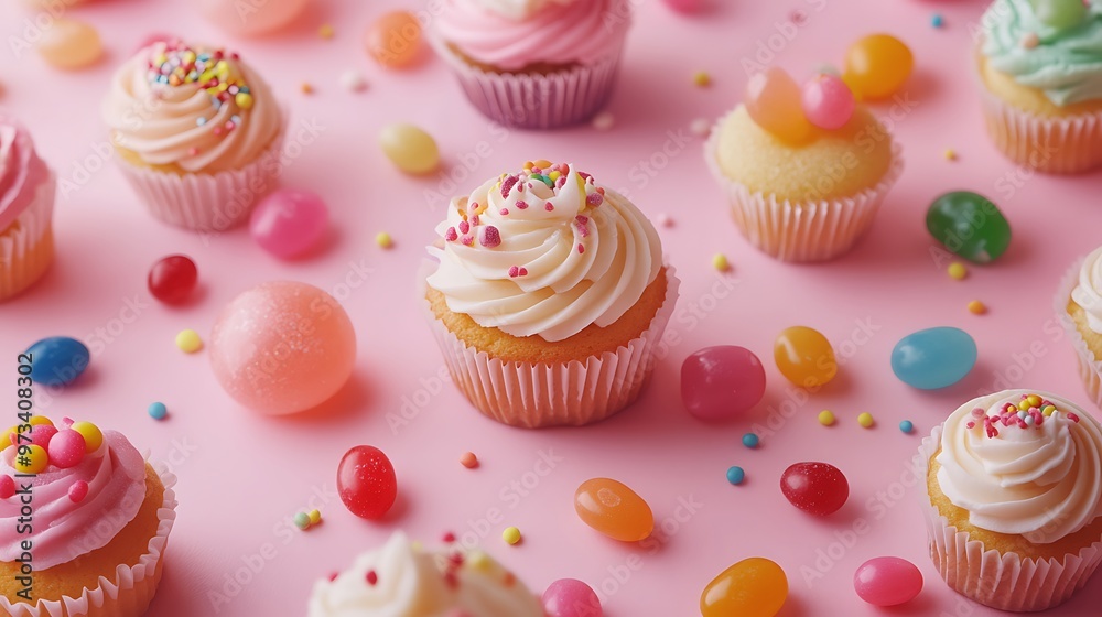 A variety of sweets, including cupcakes and jelly beans, floating on a pastel pink background with sharp details and soft lighting A variety of sweets, including cupcakes and jelly beans, floating on a pastel pink background with sharp details and soft lighting