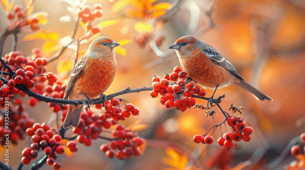 Obraz premium crossbill sitting on a branch of an autumn tree, rowan berries, fall background, season, september, october, bird, wings, animal, forest, nature, wallpaper, beauty, feathers, ornithology