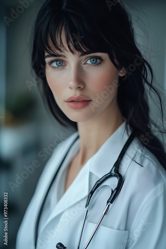 Portrait of Female Doctor in White Coat with Stethoscope, Healthcare and Medical Professional