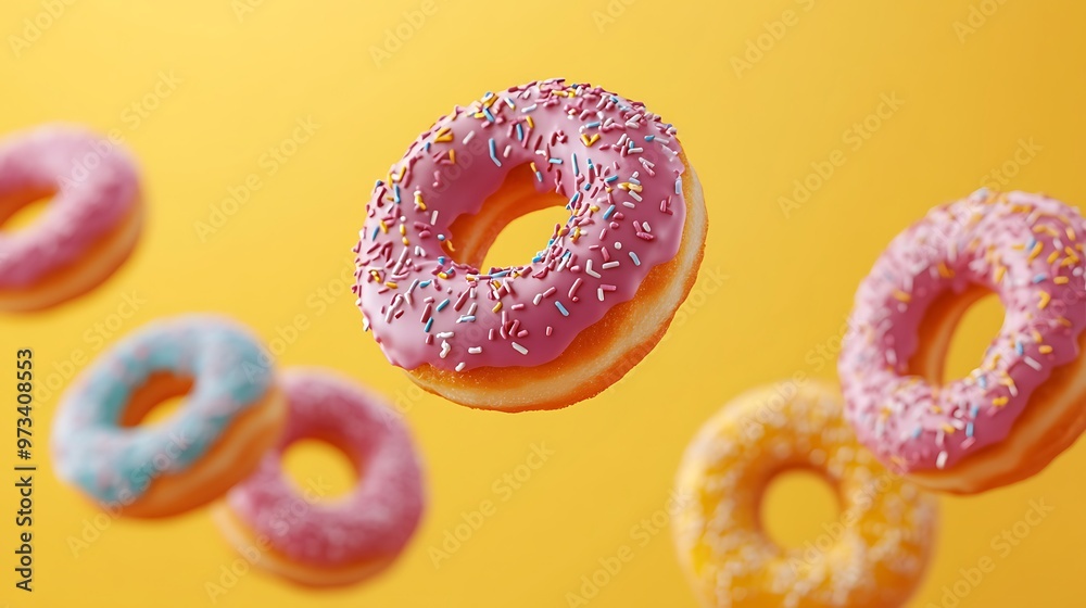 Doughnuts with colorful icing suspended in the air on a soft pastel yellow background, captured in sharp, vibrant detail with excellent lighting Doughnuts with colorful icing suspended in the air on a soft pastel yellow background, captured in sharp, vibrant detail with excellent lighting
