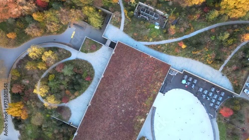 Aerial top down of Prospect Park ice skating rink Brooklyn during fall in New York City