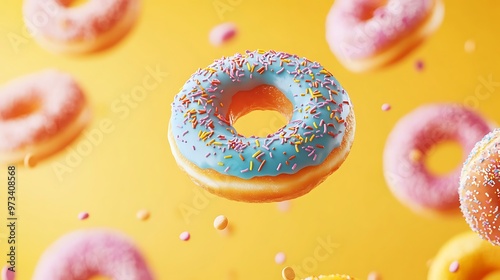 Doughnuts with colorful icing suspended in the air on a soft pastel yellow background, captured in sharp, vibrant detail with excellent lighting photo