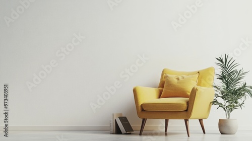 Nordic Living Room: Stylish Yellow Armchair with Plants and Books on White Wall Background photo