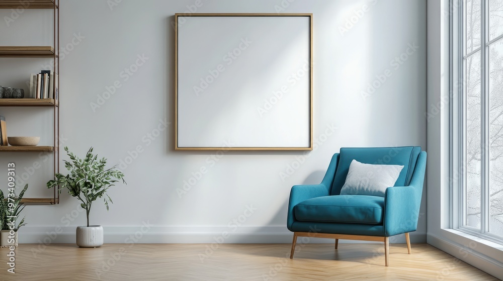 Fototapeta premium Sunlit, Minimalist Living Room with Blue Armchair and Wood Wall Shelves