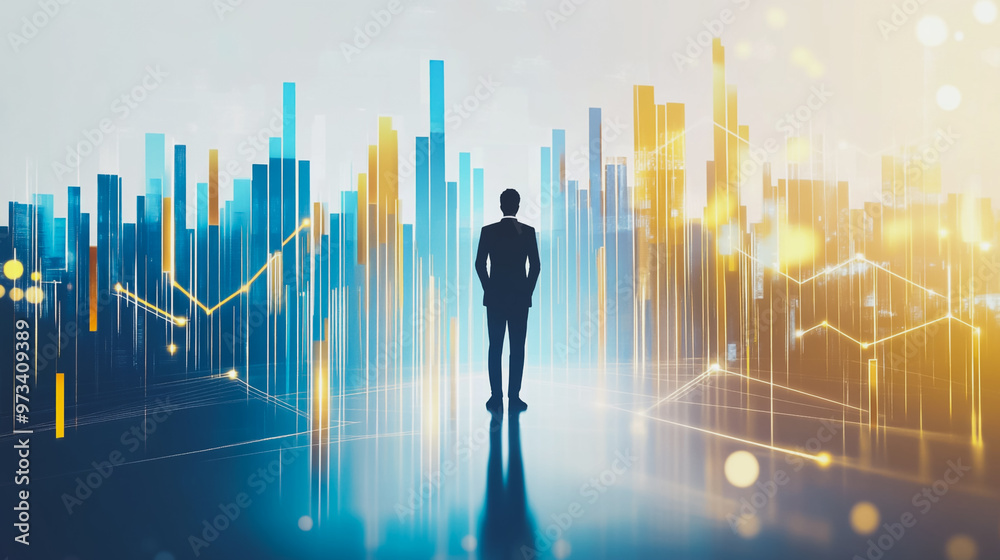 Abstract business man stands on the peak of success amid tall, innovative Smart city and graphs with statistics to analyze business potential and predict future developments in company growth. Abstract business man stands on the peak of success amid tall, innovative Smart city and graphs with statistics to analyze business potential and predict future developments in company growth.