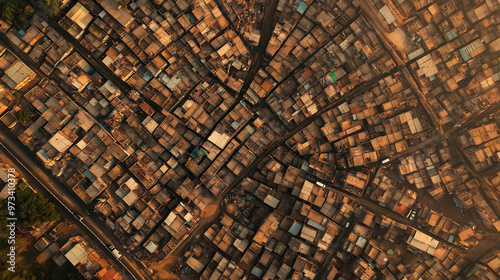 Drone point of view showing the immense scale of a slum in india at sunset
