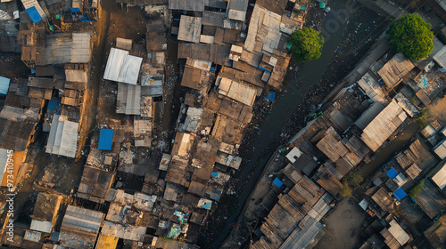 Aerial view depicting poverty and overpopulation in dense slum area photo