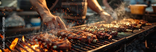 A dedicated grill master basting mouthwatering ribs with seasoned sauce over a sizzling barbecue grill, surrounded by smoky and aromatic essence, perfecting the flavor. photo