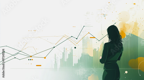 Abstract business woman stands on the peak of success amid tall, innovative Smart city and graphs with statistics to analyze business potential and predict future developments in company growth.