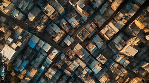 Drone photography capturing densely packed buildings in india at sunset