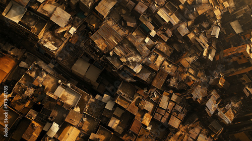 Aerial view of impoverished slum houses in developing nation