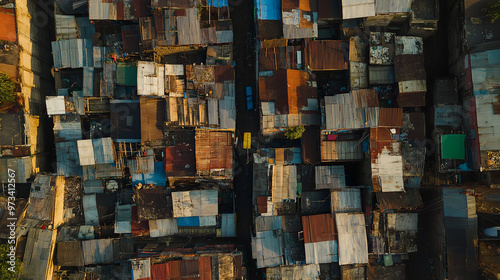 Aerial view of densely populated slum housing showing poverty and urban sprawl