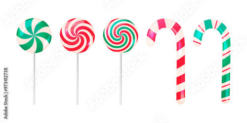 Christmas sweets, candy cane and lollipops vector set. Isolated illustrations of traditional striped candies, winter holiday sweet treat