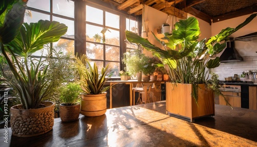 Rustic houseplant arrangement with large leafy plants and wooden planters for a cozy farmhouse kitchen