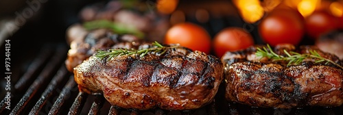 A mouth-watering image of grilled juicy steaks being cooked on an outdoor barbecue, garnished with herbs, ready to serve.