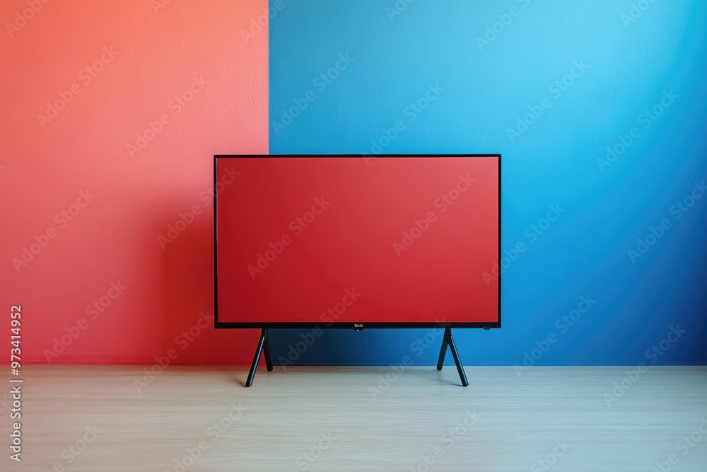 Modern Living Room with Smart TV Mockup on Blue Wall Background Modern Living Room with Smart TV Mockup on Blue Wall Background