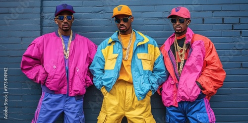 Three Men Wearing 90s Fashion Posing in Front of Brick Wall photo