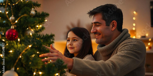 A middle-aged Caucasian man with short dark hair smiling and looking at a young Caucasian girl with long dark hair as they decorate a Christmas tree together in a cozy, warm-lit room, Merry Christmas,