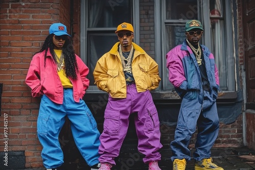 Three Young Adults Posing in Colorful 90s Fashion