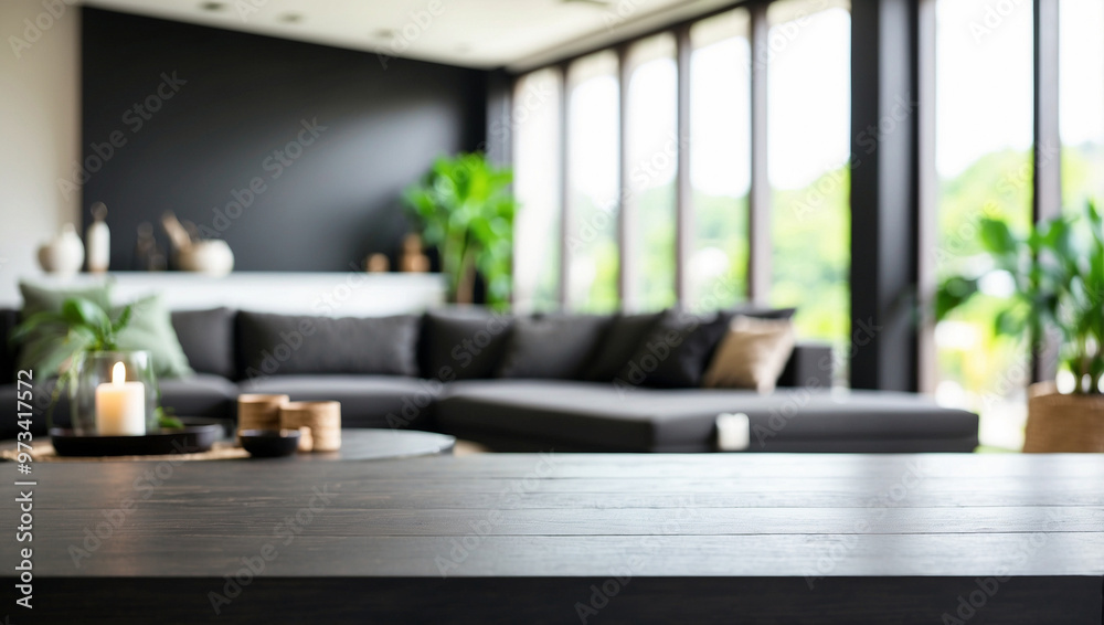 Empty Beautiful black wood table top and blur bokeh modern living room interior background in clean and bright