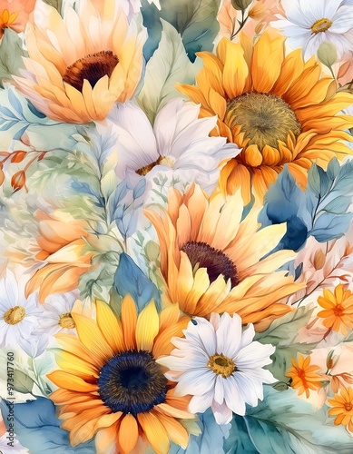 Joyful Watercolor Florals with a Whimsical Mix of Hand-Painted Sunflowers Tulips and Daffodils in a Lively Pattern Graphic art illustration