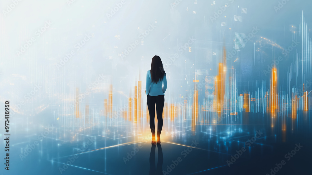 Abstract business woman stands on the peak of success amid tall, innovative Smart city and graphs with statistics to analyze business potential and predict future developments in company growth. Abstract business woman stands on the peak of success amid tall, innovative Smart city and graphs with statistics to analyze business potential and predict future developments in company growth.
