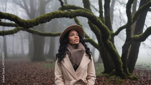 An African-American woman in a misty forest. White goat. Girl in black hood standing in a dark forest. Thick fog all around. Scary autumn scene